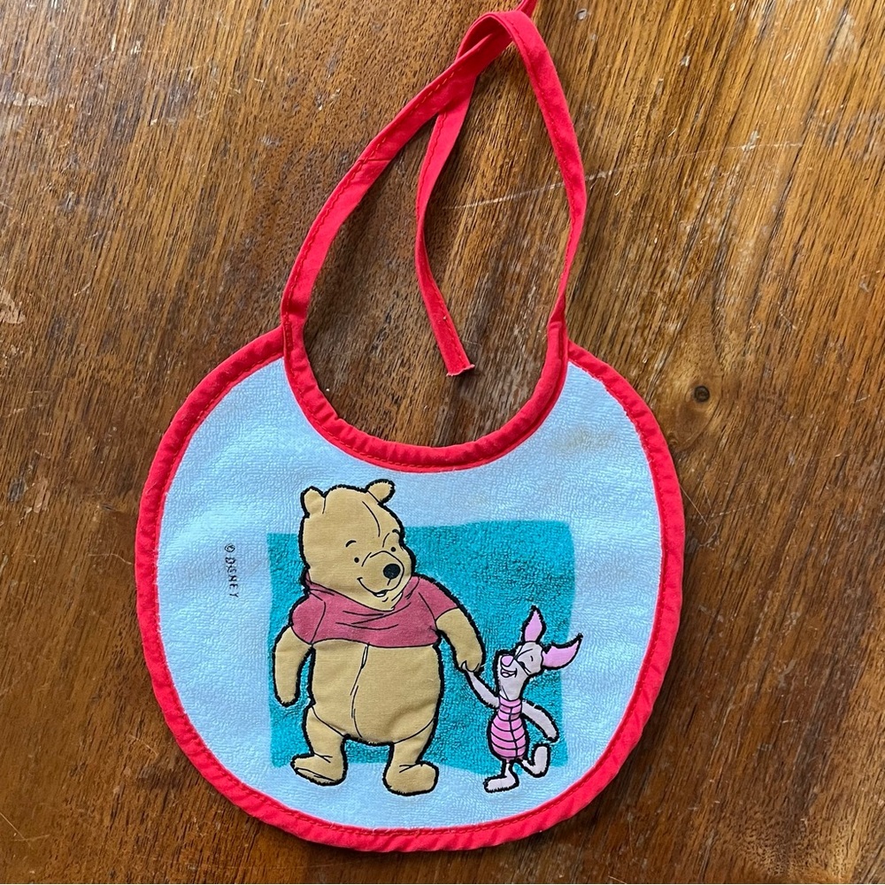 Vintage 90s Disney Winnie the Pooh Terrycloth Baby Bib with Piglet Red Trim